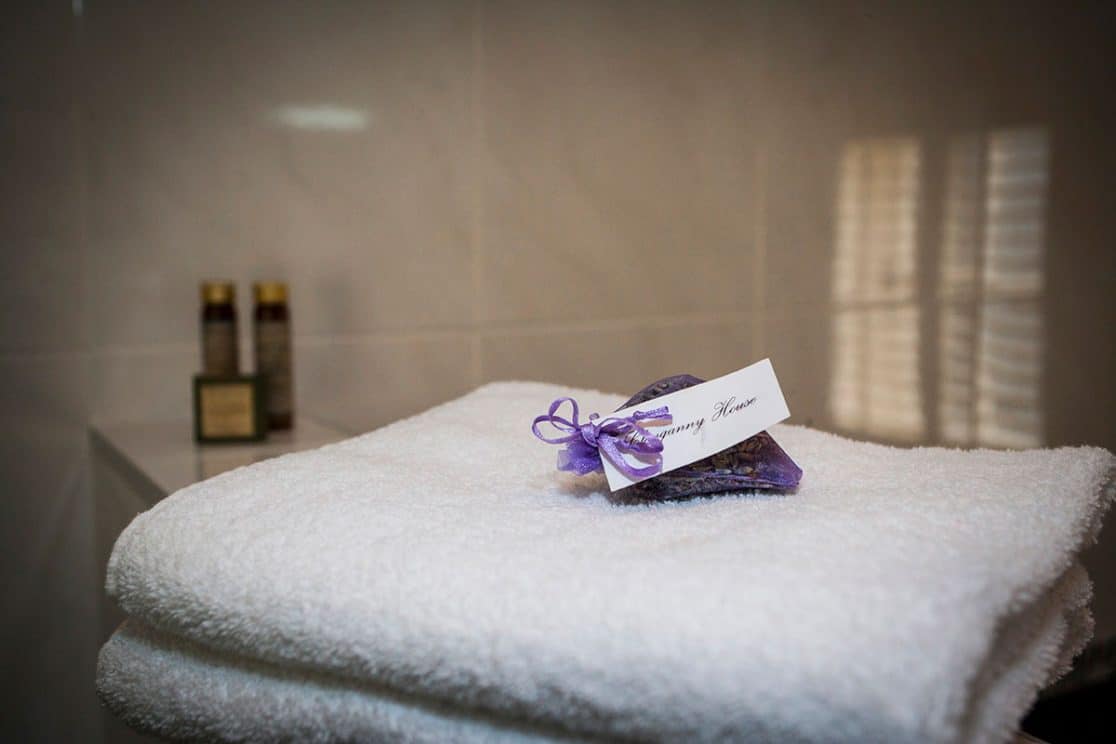 Clonganny House luxury towels and lavender bag — complimentary amenities in the Cheverney Suite, Co. Wexford
